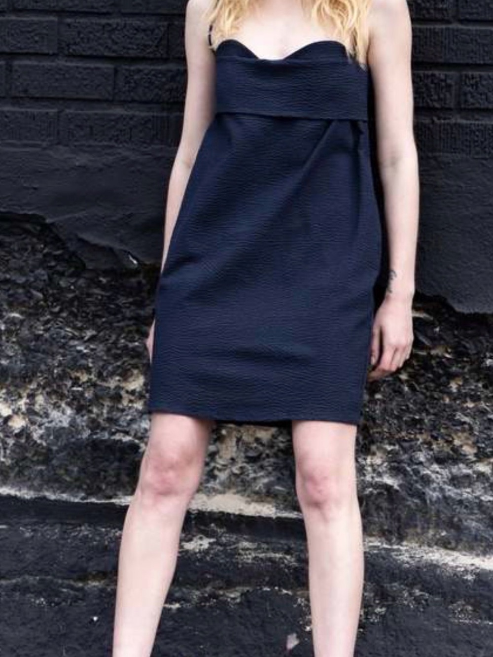 Strapless Navy Textured Midi Dress